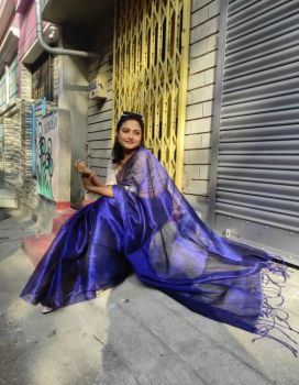 Royal Blue Pure Handloom Tissue Saree From Bengal