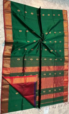 Bottle Green Pure Handloom Meheshwari Silk Saree From Bengal
