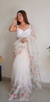 White Flower Printed Work Pure Organza Silk Saree
