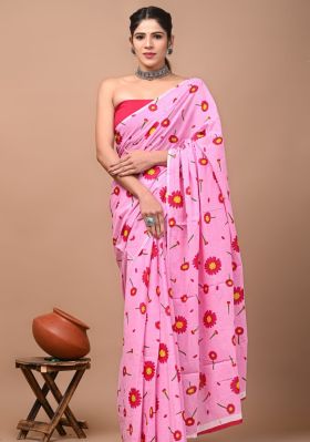 Rose Pink Pure Handloom Mulmul Saree From Bengal