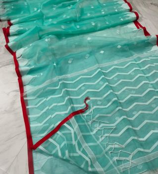 Light Blue Pure Handloom Resham Cotton Saree From Bengal