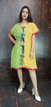 Light Olive Green And Light Gold Cotton Kaftan Top Beige From Bengal