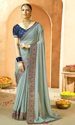 Ash Gray Pure Handloom Georgette Saree From Banaras