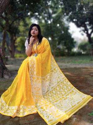 Yellow Dhakai Jamdani Pure Handloom Cotton Saree From Bengal