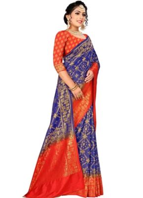 Blue Red Pure Handloom Art Silk Saree From Banaras