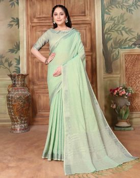 Greyish Green Pure Handloom Silk Cotton Saree From Banaras