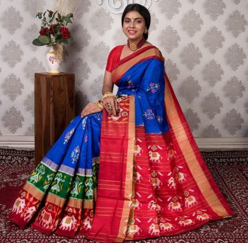 Blue Red Flower Design Digital Print Cotton Saree