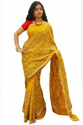 Gold Pure Handloom Kantha Stitch Saree From Bengal