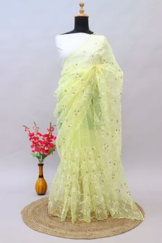 Lemon Yellow Leaf Thread Work Organza Saree
