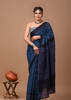 Teal Pure Handloom Mulmul Saree From Bengal
