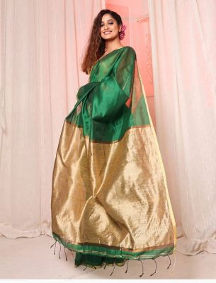 Green Pure Handloom Silk Cotton Saree From Bengal