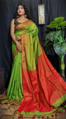 Mehandi Green Pure Handloom Tissue Saree From Bengal