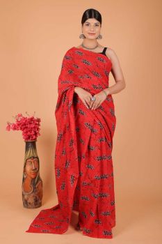 Red Hand Block Cotton Pure Handloom Leaf Design Saree