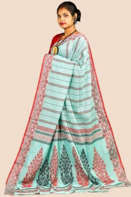 Aqua Blue Pure Handloom Cotton Saree From Bengal