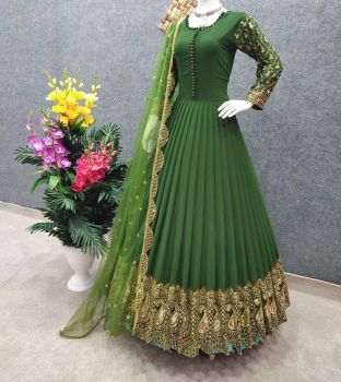 Green Faux Georgette Gown With Embroidery And Sequence Work