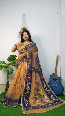 Brown Pure Handloom Dhakai Jamdani Saree From Bengal