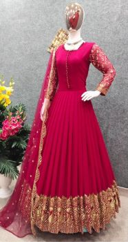 Red Faux Georgette Gown With Embroidery And Sequence Work