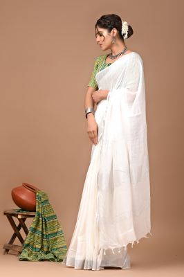 White Pure Handloom Linen By Linen Saree From Bengal