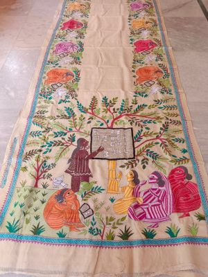 Cream Pure Handloom Kantha Silk Saree From Bengal