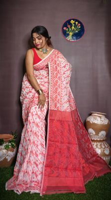 White Pure Handloom Dhakai Jamdani Saree From Bengal