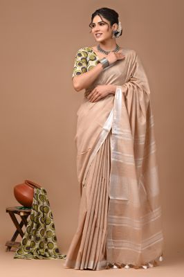 Light Brown Pure Handloom Linen By Linen Saree From Bengal