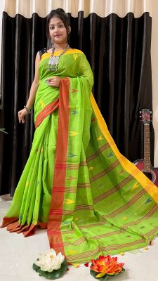 Parrot Green Pure Handloom Silk Cotton Saree From Bengal