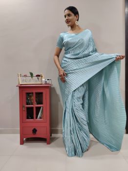 Turquoise Blue Heavy Satin Pleated Saree