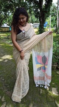 White Lotus Pallu Reshom ketia Cotton From Bengal saree