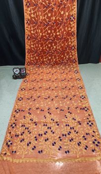 Orange Pure Handloom Muslin Dhakai Jamdani Cotton Saree From Bengal