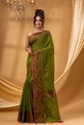 Mehandi Green Pure Handloom Silk Cotton Saree From Banaras