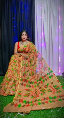 Tan Brown Pure Handloom Dhakai Jamdani Saree From Bengal