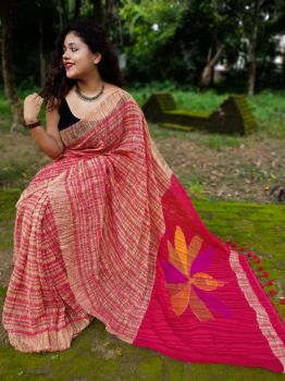 Red Lotus Pallu Reshom Ketia Cotton From Bengal saree