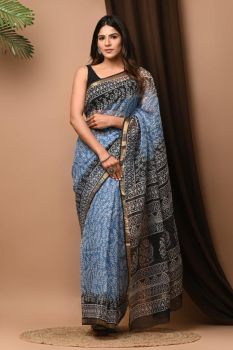 Slate Blue Kota Doriya Printed Leaf Design Saree