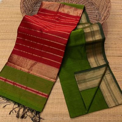 Red Green Pure Handloom Maheshwari Silk Cotton Saree From Bengal