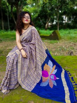 Blue Lotus Pallu Reshom Katia Cotton From Bngal saree