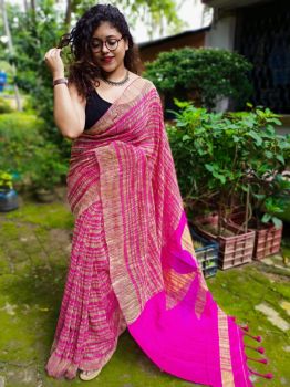 Pink Lotus Pallu Reshom Ketia Cotton From Bengal saree