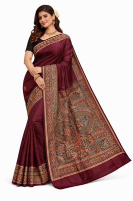 Maroon Elegant Women Madhubani Pure Handloom Tassar Silk Saree