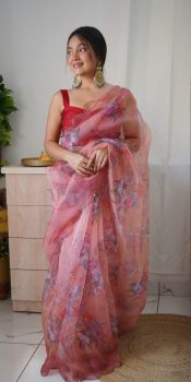 Light Pink Flower Printed Work Pure Organza Silk saree