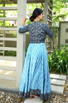 Hand Block Printed Designer Dark Grey Top & Blue Skirt With Mulmul Dupatta