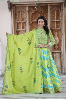Light Yellow Hand Block Printed Designer Top & Skirt With Mulmul Dupatta