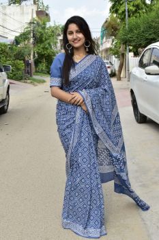 Blue Bayoux Block Print Cotton mulmul saree