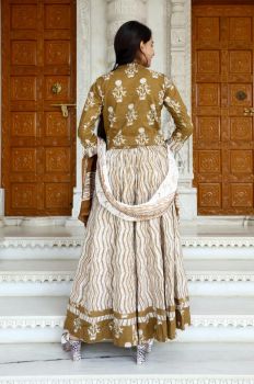 Hand Block Printed Designer Coffee Brown Top & White Skirt With Mulmul Dupatta
