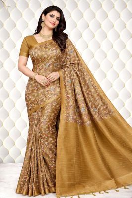 Golden Pure Handloom Beautiful Katan Silk Ajrakh Print Saree From Bhagalpur