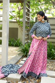Hand Block Printed Designer Bluish Grey Top & Pink Skirt With Mulmul Dupatta