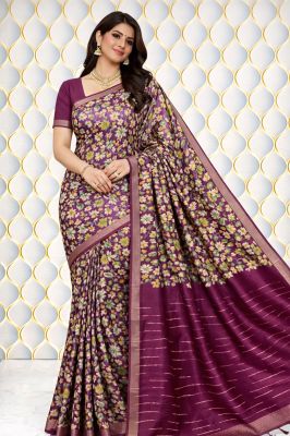 Voilet Pure Handloom Beautiful Katan Silk Ajrakh Print Saree From Bhagalpur