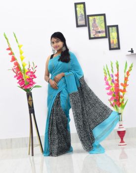 Sky Blue Pure Handloom Khesh Cotton Saree From Bengal