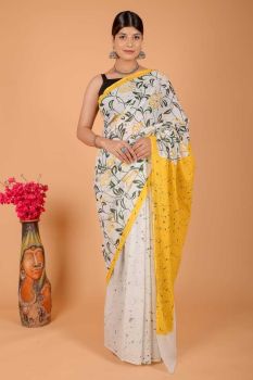Rose Gold Hand Block Cotton Pure Handloom Flower Design Saree
