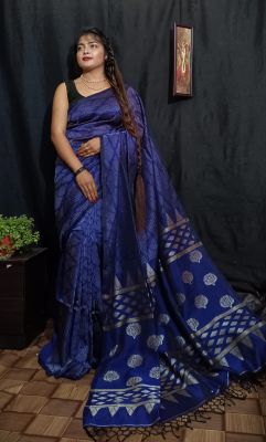 Navy Blue Pure Handloom Silk Cotton Saree From Bengal