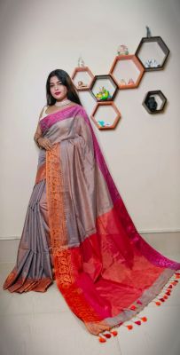 Gray Pure Handloom Tissue Silk Saree From Bengal