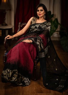 Raspberry Black Pure Handloom Linen By Linen Saree From Bengal